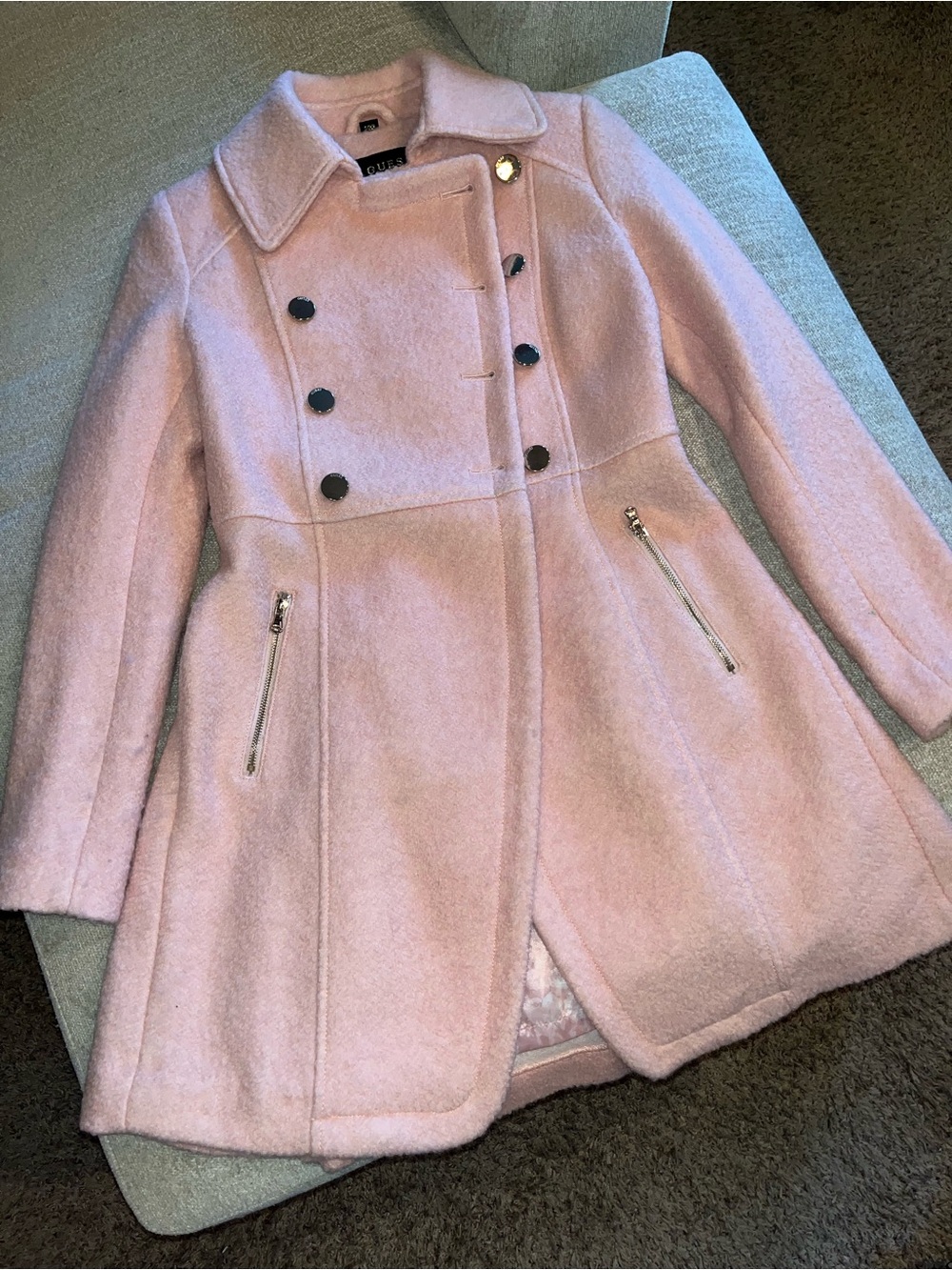 Guess Light Pink Double-Breasted A-Line Pea Coat